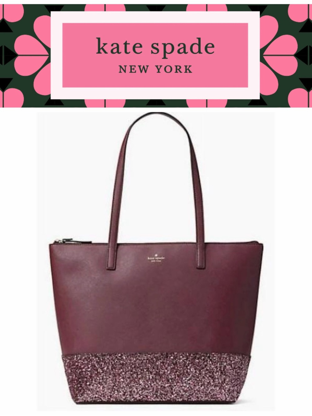 Kate Spade- NWT Flash Glitter Tote Cherrywood Burgundy Pink Glitter
